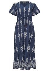M&Co Navy Blue Broderie Tie Waist Cotton Dress | M&Co 6