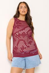 YOURS Plus Size Burgundy Red Knitted Stitch Detail Vest Top | Yours Clothing 1
