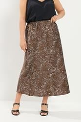 YOURS Plus Size Chocolate Brown Deer Print Satin Skirt | Yours Clothing 3