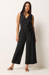 M&Co Petite Black Tie Waist Linen Jumpsuit | M&Co 3