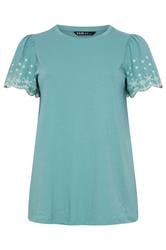 YOURS Curve Green Embroidered Sleeve T-Shirt
