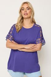 YOURS Plus Size Purple Crochet Sleeve T-Shirt | Yours Clothing 3