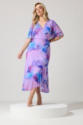 YOURS LONDON Plus Size Purple Abstract Wrap Ruffle Hem Dress | Yours Clothing 1
