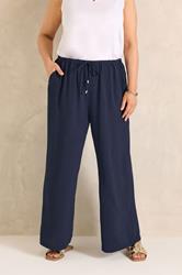 EVANS Plus Size Navy Blue Tie Waist Wide Leg Trousers | Evans  3