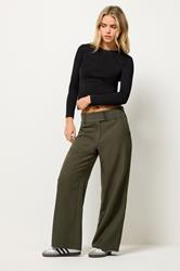 PixieGirl Petite Women's Olive Green Button Tab Detail Wide Leg Trousers | PixieGirl 3
