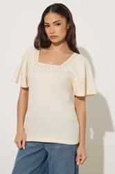 PixieGirl Petite Women's Ivory White Crochet Trim Flutter Sleeve Cotton T-Shirt | PixieGirl 3