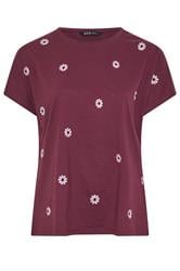 YOURS Curve Burgundy Red Embroidered Daisy T-Shirt