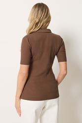 LTS Tall Women's Chocolate Brown Half Zip Ribbed Cotton Collared Top | Long Tall Sally 4