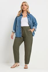 YOURS Plus Size Olive Green Barrel Leg Linen Trousers | Yours Clothing 1