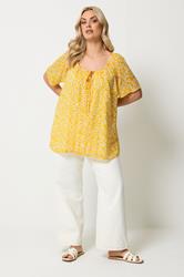 YOURS Plus Size Black & White Floral Tie Neck Pintuck Blouse | Yours Clothing 1