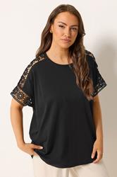 YOURS Curve Black Crochet Sleeve Boxy T-Shirt | Yours Clothing 3