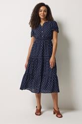 M&Co Navy Blue Dobby Tiered Cotton Midi Dress | M&Co 1