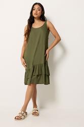 PixieGirl Petite Women's Khaki Green Asymmetric Frill Midi Dress | PixieGirl 1