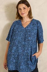 EVANS Plus Size Navy Blue Floral Pleat Front Angel Sleeve Top | Evans 3