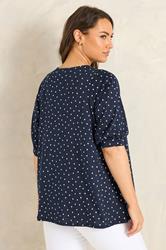 EVANS Curve Navy Blue Polka Dot Cotton Top | Evans 2