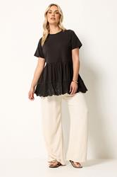 YOURS Plus Size Brown Broderie Anglaise Trim Peplum Top | Yours Clothing 1