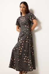 PixieGirl Petite Women's Brown Patchwork Midi Dress | PixieGirl 1