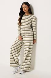 PixieGirl Petite Women's Set Brown Stripe Cotton Button Top & Wide Leg Trousers | PixieGirl 3