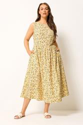 YOURS Plus Size Lemon Yellow Disty Floral Linen Maxi Dress | Yours Clothing 1