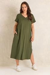 EVANS Plus Size Khaki Green Premium Cotton Dress | Evans 1