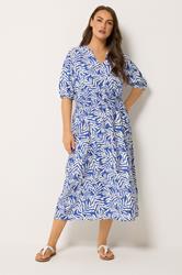 YOURS Plus Size Blue Leaf Print Notch Neck Dress | Yours Clothing 3