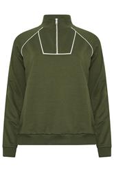 LTS Tall Women's Khaki Green Pipe Detail Quarter Zip Sweatshirt | Long Tall Sally 5