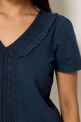 M&Co Petite Navy Blue Short Sleeve Frill Cotton Blouse | M&Co 4
