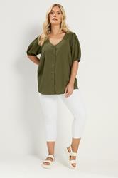 YOURS Plus Size Khaki Green Button Textured Blouse | Yours Clothing 1