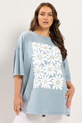 YOURS Plus Size Light Blue Acid Wash Boxy Daisy Print T-Shirt | Yours Clothing 1