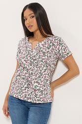 M&Co Petite White & Pink Floral Short Sleeve Cotton Henley Top | M&Co 3