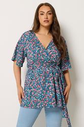 YOURS Plus Size Blue Floral Textured Wrap Top | Yours Clothing 3