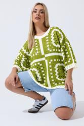 LIMITED COLLECTION Plus Size Green Abstract Crochet Boxy Top | Yours Clothing 3