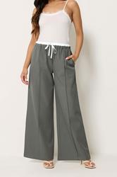PixieGirl Petite Women's Grey Contrast Waist Wide Leg Trousers | PixieGirl 1