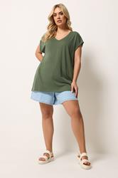 YOURS Plus Size Khaki Green V-Neck Basic T-Shirt | Yours Clothing 1
