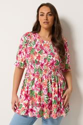 YOURS Plus Size Pink Floral Shirred Puff Sleeve Top |  Yours Clothing 3