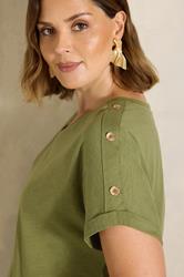 EVANS Plus Size Khaki Green Button Shoulder T-Shirt | Evans 4