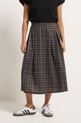 PixieGirl Petite Women's Chocolate Brown Check Midi Skirt | PixieGirl 1