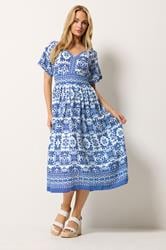 M&Co Blue & White Tile Print Midi Dress | M&Co 1