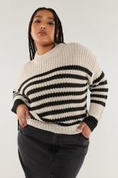 YOURS Plus Size Cream Stripe Button Detail Knitted Jumper