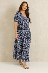 EVANS Plus Size Navy Blue Spot Print Tiered Maxi Dress | Evans 1