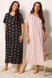 YOURSET Plus Size 2 PACK Pink Bow & Heart Print Midaxi Nightdresses | Yours Clothing 3