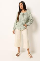 M&Co Petite Sage Green Floral Trim Detail Tie Neck Blouse | M&Co 1