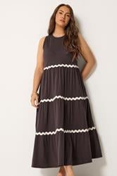 YOURS Plus Size Chocolate Brown Swirl Trim Maxi Dress | Yours Clothing 1