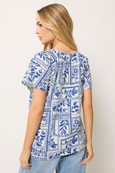 M&Co White & Blue Abstract Print Cotton Scoop Neck Top | M&Co 2