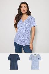 M&Co 2 PACK Navy Blue & White Floral Cotton Henley Tops | M&Co 3