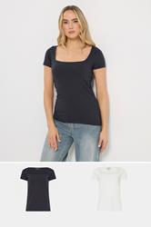 LTS Tall 2 PACK Navy Blue & White Fitted Square Neck Tops | Long Tall Sally 3