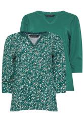 M&Co 2 PACK Teal Blue Floral Print & Plain Lace Trim Cotton T-Shirts | M&Co 7