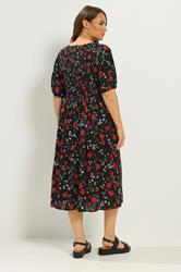 YOURS Plus Size Black Floral Puff Sleeve Shirred Dress  | Yours Clothing 2