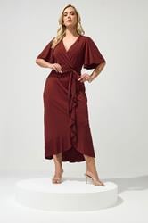 YOURS LONDON Plus Size Burgundy Red Ruffle Hem Wrap Dress | Yours Clothing 3