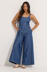 PixieGirl Petite Women's Blue Denim Wide Leg Jumpsuit | PixieGirl 3